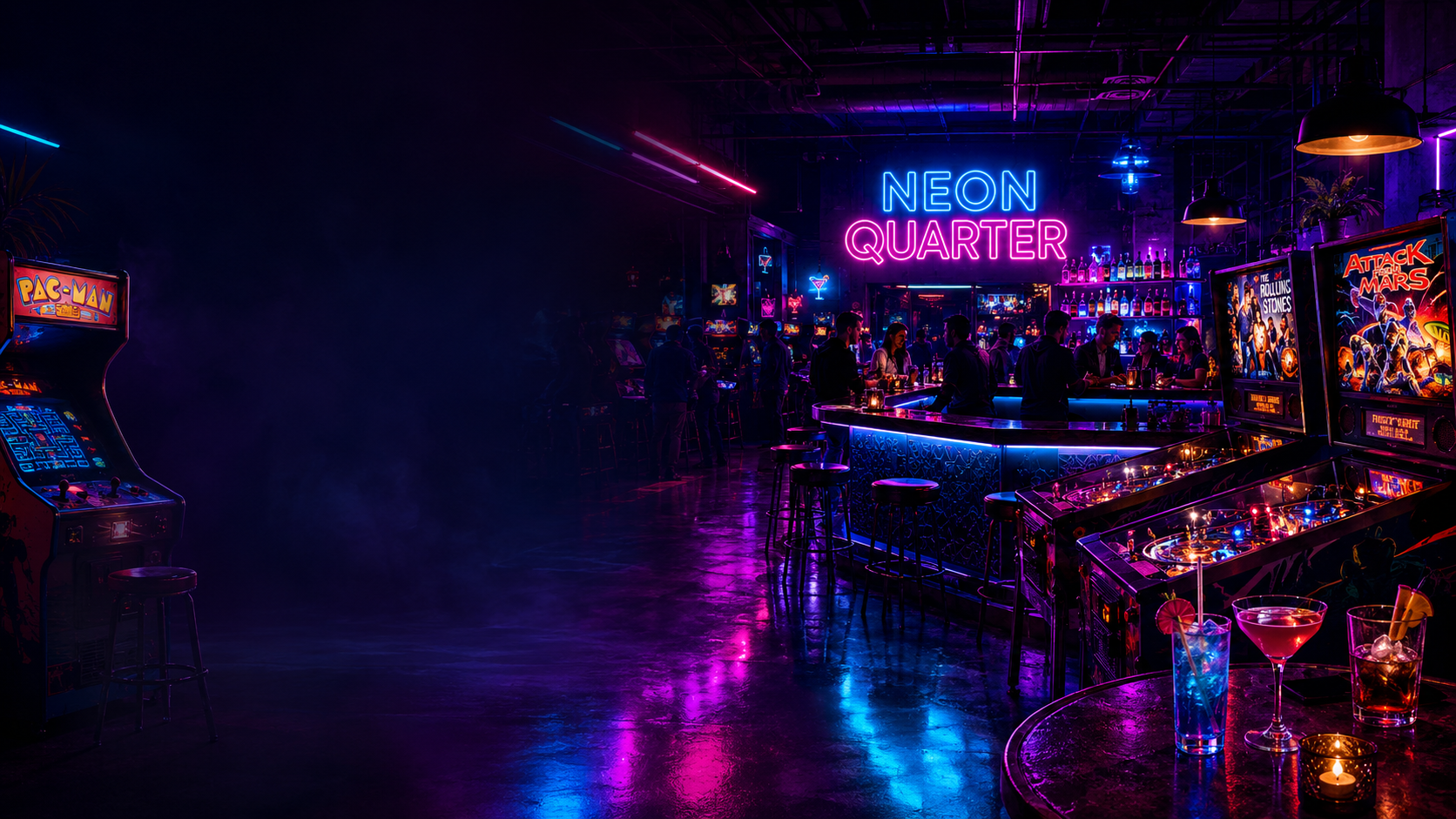Interior of Neon Quarter arcade bar with neon lights, pinball machines and cocktails